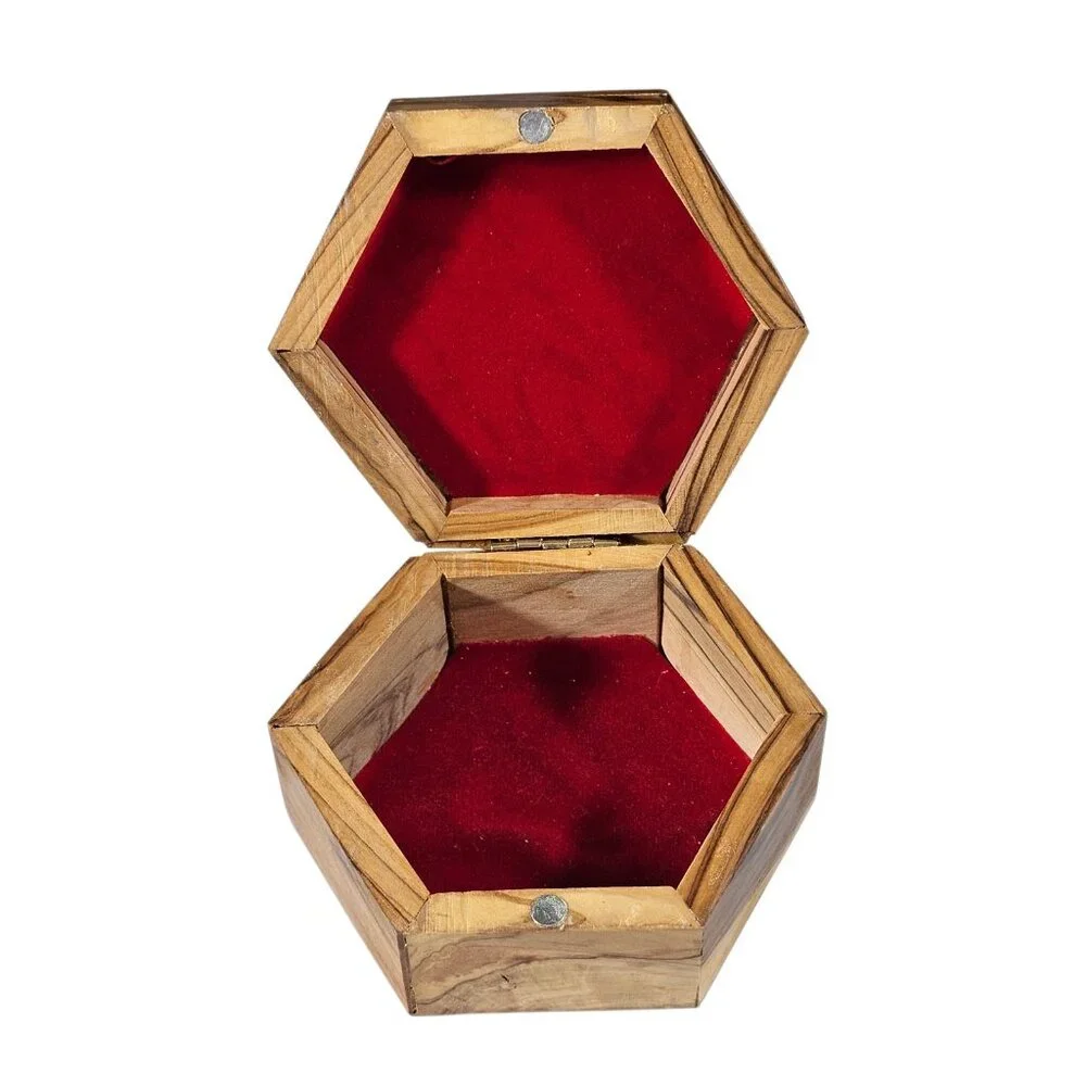 Handcrafted Olive Wood Jewelry Trinket Box Star of David Israel Hexagon Felt